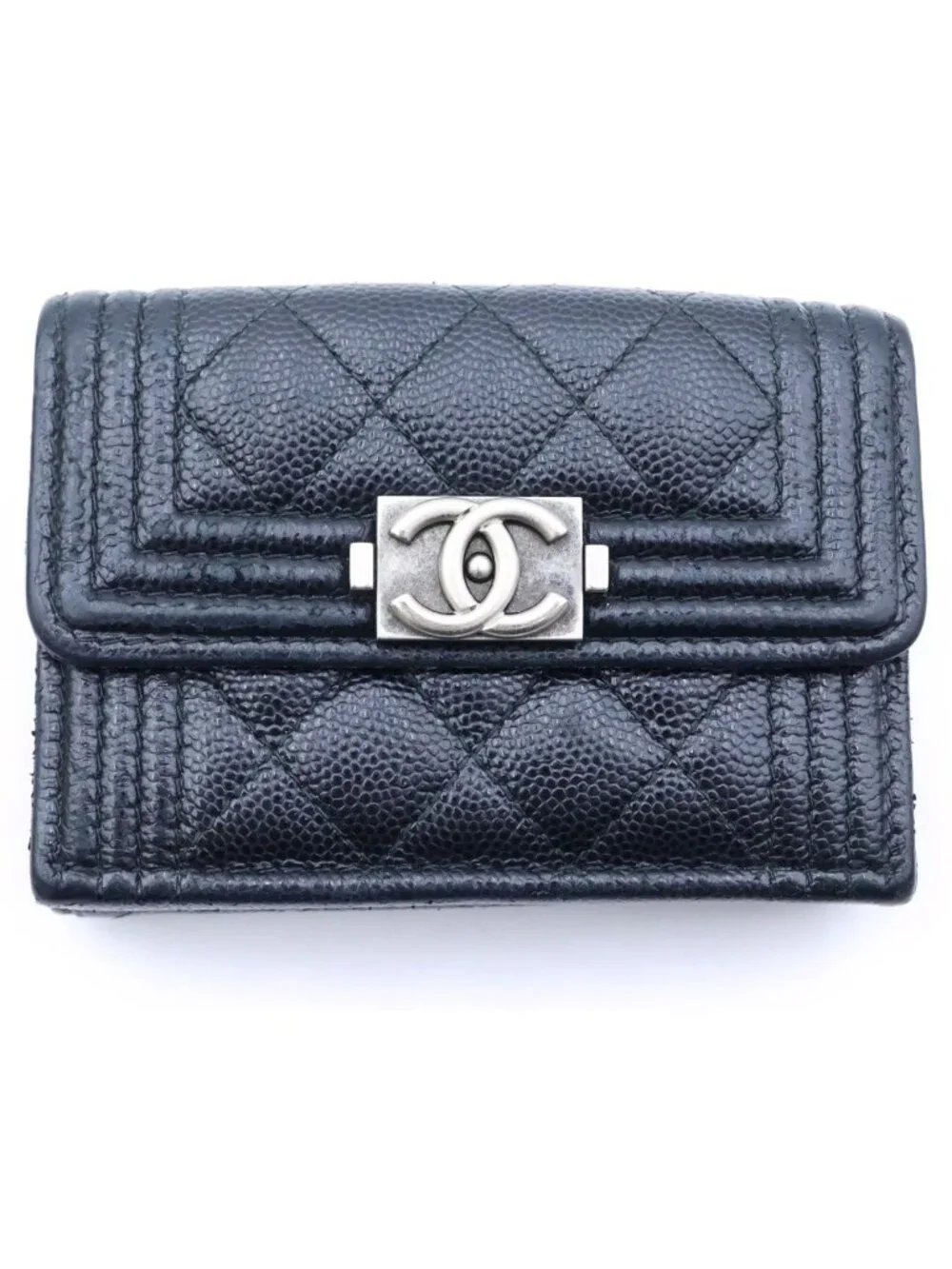 Chanel Boy Trifold Wallet Compact Coin Purse Black Caviar Leather Silver